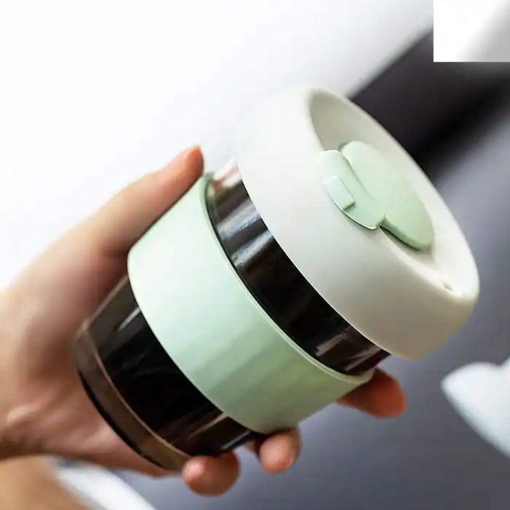 Set 4 pahare cafea/ceai, Quasar & Co.®, model To Go, cu protectie termica si capac din silicon, sticla, 4×320 ml, verde/corai 6