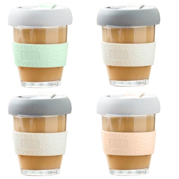 Set 4 pahare cafea/ceai, Quasar & Co.®, model To Go, cu protectie termica si capac din silicon, sticla, 4×320 ml, multicolor Pahare sticla 2024-05-03 2