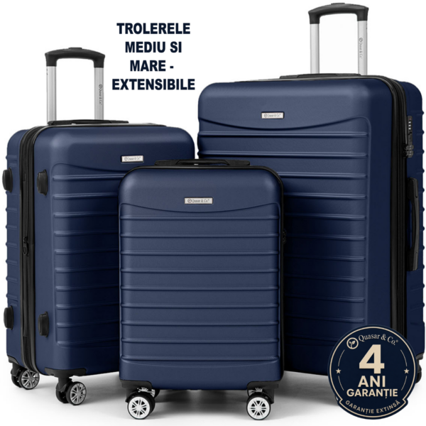 Set 3 trolere Quasar & Co.®, S/M/L, valize cu fermoar antifurt, bagaje cu cifru, maner telescopic, geamantane cu 4 roti duble silentioase 360°, ABS 2.8 mm extradur, captuseala buretata, cate 2 compartimente cu buzunar, LINE, bleumarin 2 Set 3 trolere Quasar & Co.®, S/M/L, valize cu fermoar antifurt, bagaje cu cifru, maner telescopic, geamantane cu 4 roti duble silentioase 360°, ABS 2.8 mm extradur, captuseala buretata, cate 2 compartimente cu buzunar, LINE, bleumarin