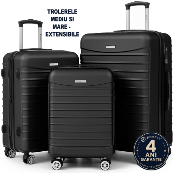 Set 3 trolere Quasar & Co.®, S/M/L, valize cu fermoar antifurt, bagaje cu cifru, maner telescopic, geamantane cu 4 roti duble silentioase 360°, ABS 2.8 mm extradur, captuseala buretata, cate 2 compartimente cu buzunar, LINE, negru