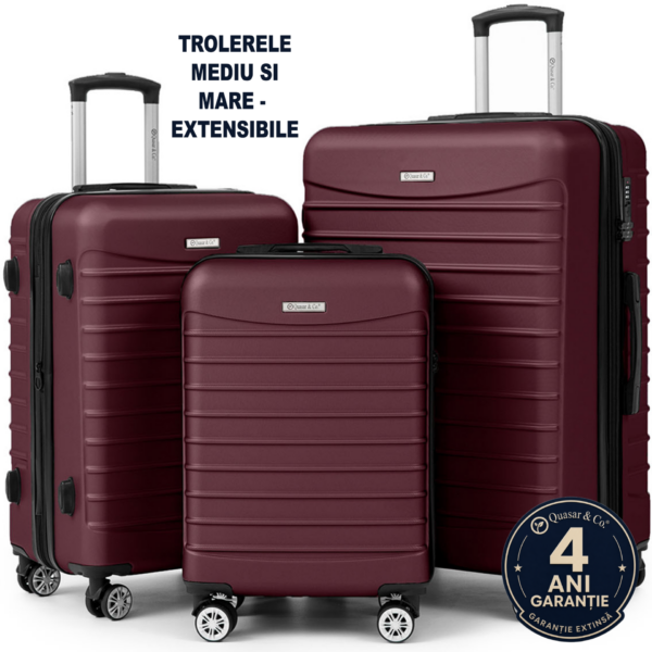Set 3 trolere Quasar & Co.®, S/M/L, valize cu fermoar antifurt, bagaje cu cifru, maner telescopic, geamantane cu 4 roti duble silentioase 360°, ABS 2.8 mm extradur, captuseala buretata, cate 2 compartimente cu buzunar, LINE, visiniu