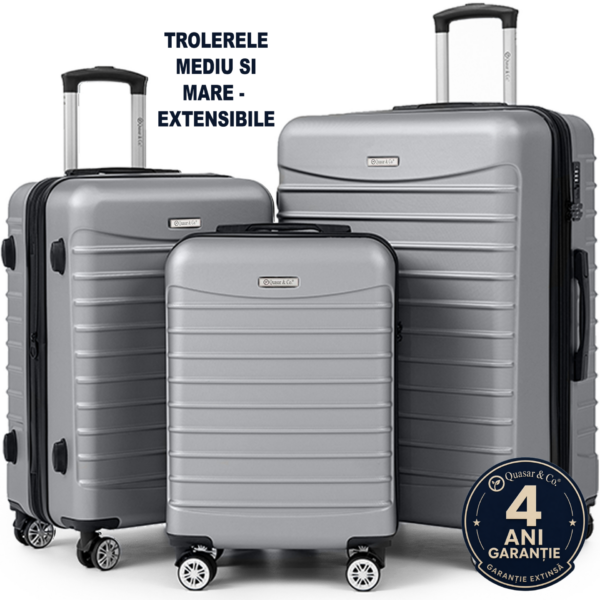 Set 3 trolere Quasar & Co.®, S/M/L, valize cu fermoar antifurt, bagaje cu cifru, maner telescopic, geamantane cu 4 roti duble silentioase 360°, ABS 2.8 mm extradur, captuseala buretata, cate 2 compartimente cu buzunar, LINE, argintiu 2 Set 3 trolere Quasar & Co.®, S/M/L, valize cu fermoar antifurt, bagaje cu cifru, maner telescopic, geamantane cu 4 roti duble silentioase 360°, ABS 2.8 mm extradur, captuseala buretata, cate 2 compartimente cu buzunar, LINE, argintiu