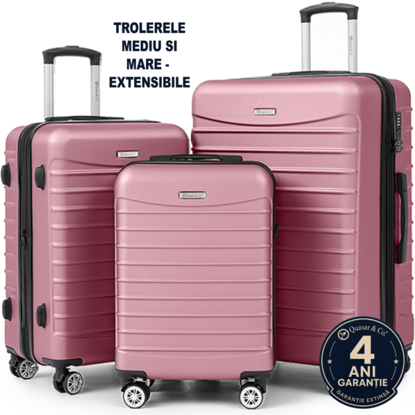 Set 3 trolere Quasar & Co.®, S/M/L, valize cu fermoar antifurt, bagaje cu cifru, maner telescopic, geamantane cu 4 roti duble silentioase 360°, ABS 2.8 mm extradur, captuseala buretata, cate 2 compartimente cu buzunar, LINE, roz pudrat 2 Set 3 trolere Quasar & Co.®, S/M/L, valize cu fermoar antifurt, bagaje cu cifru, maner telescopic, geamantane cu 4 roti duble silentioase 360°, ABS 2.8 mm extradur, captuseala buretata, cate 2 compartimente cu buzunar, LINE, roz pudrat