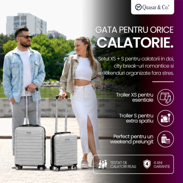 Set 2 trolere cabina, Quasar & Co.®, 40x30x20 cm cu roti detasabile si 55x38x21 cm, bagaj de mana, troller cu fermoar antifurt, cifru, maner telescopic lung, geamantan 4 roti duble 360°, valiza ABS 2.8 mm rezistent, 10kg, LINE, Argintiu