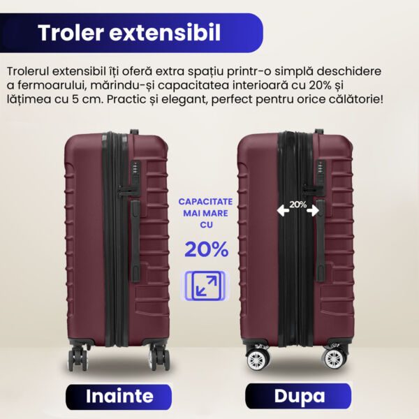 Troler mare extensibil Quasar & Co.®, 77x49x31-36cm, bagaj de cala, troller avion cu fermoar antifurt, cifru, maner telescopic, geamantan cu 4 roti duble silentioase 360°, valiza ABS 2.8 mm, 2 compartimente cu buzunar, LINE, Visiniu Trolere mari 2026-04-18