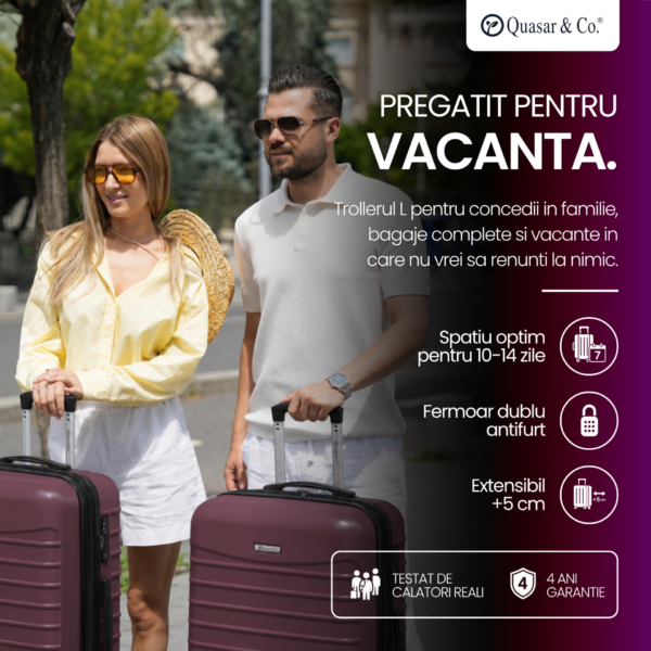 Troler mare extensibil Quasar & Co.®, 77x53x32-37cm, bagaj de cala, troller avion cu fermoar antifurt, cifru, maner telescopic, geamantan cu 4 roti duble silentioase 360°, valiza ABS 2.8 mm, 2 compartimente cu buzunar, LINE, Visiniu Troler mare extensibil Quasar & Co.®, 77x53x32-37cm, bagaj de cala, troller avion cu fermoar antifurt, cifru, maner telescopic, geamantan cu 4 roti duble silentioase 360°, valiza ABS 2.8 mm, 2 compartimente cu buzunar, LINE, Visiniu