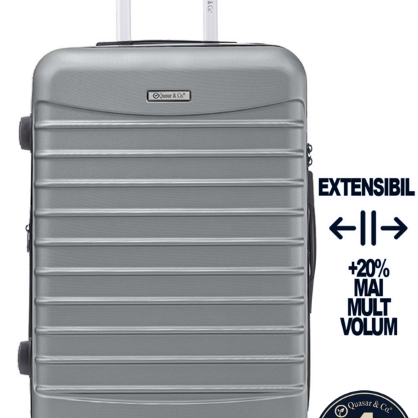 Troler mare extensibil Quasar & Co.®, 77x53x32-37cm, bagaj de cala, troller avion cu fermoar antifurt, cifru, maner telescopic, geamantan cu 4 roti duble silentioase 360°, valiza ABS 2.8 mm, 2 compartimente cu buzunar, LINE, Argintiu