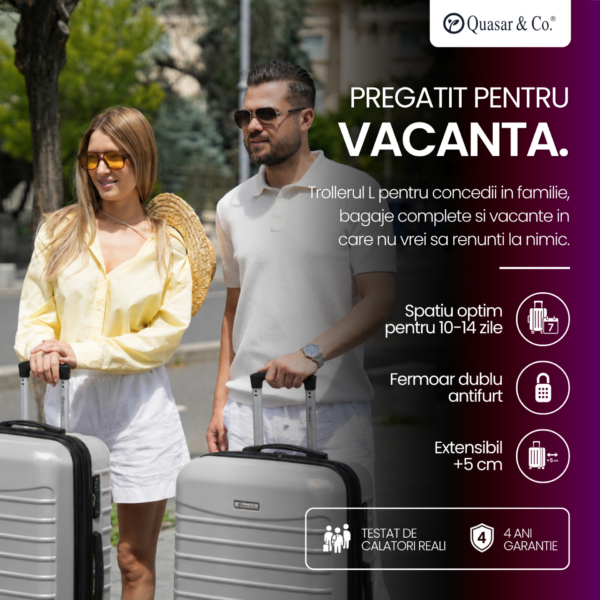 Troler mare extensibil Quasar & Co.®, 77x53x32-37cm, bagaj de cala, troller avion cu fermoar antifurt, cifru, maner telescopic, geamantan cu 4 roti duble silentioase 360°, valiza ABS 2.8 mm, 2 compartimente cu buzunar, LINE, Argintiu