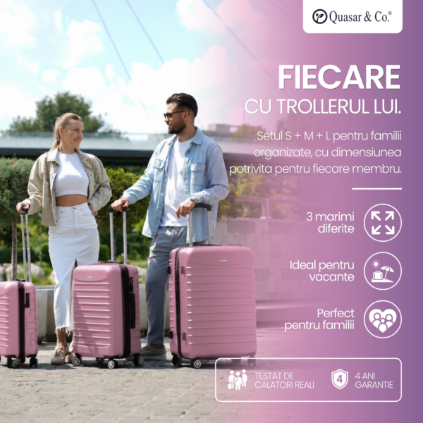 Set 3 trolere Quasar & Co.®, S/M/L, valize cu fermoar antifurt, bagaje cu cifru, maner telescopic, geamantane cu 4 roti duble silentioase 360°, ABS 2.8 mm extradur, captuseala buretata, cate 2 compartimente cu buzunar, LINE, roz pudrat Set 3 trolere Quasar & Co.®, S/M/L, valize cu fermoar antifurt, bagaje cu cifru, maner telescopic, geamantane cu 4 roti duble silentioase 360°, ABS 2.8 mm extradur, captuseala buretata, cate 2 compartimente cu buzunar, LINE, roz pudrat