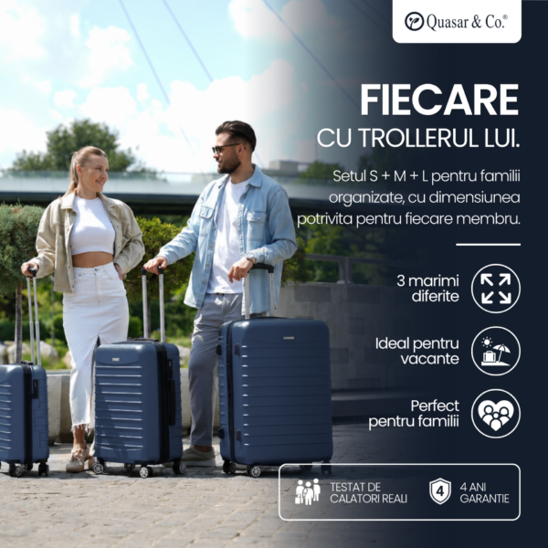 Set 3 trolere Quasar & Co.®, S/M/L, valize cu fermoar antifurt, bagaje cu cifru, maner telescopic, geamantane cu 4 roti duble silentioase 360°, ABS 2.8 mm extradur, captuseala buretata, cate 2 compartimente cu buzunar, LINE, bleumarin Set 3 trolere Quasar & Co.®, S/M/L, valize cu fermoar antifurt, bagaje cu cifru, maner telescopic, geamantane cu 4 roti duble silentioase 360°, ABS 2.8 mm extradur, captuseala buretata, cate 2 compartimente cu buzunar, LINE, bleumarin