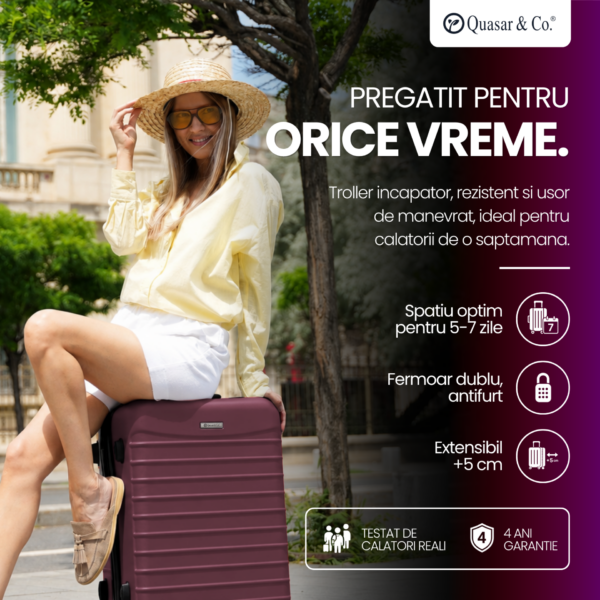 Troler mediu extensibil Quasar & Co.®, 66x45x28-33cm, bagaj de cala, troller avion cu fermoar antifurt, cifru, maner telescopic, geamantan cu 4 roti duble silentioase 360°, valiza ABS 2.8 mm, 2 compartimente cu buzunar, LINE, Visiniu
