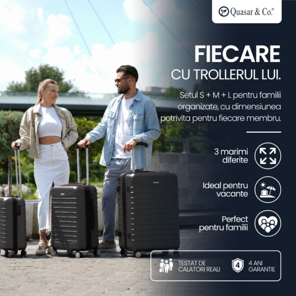 Set 3 trolere Quasar & Co.®, S/M/L, valize cu fermoar antifurt, bagaje cu cifru, maner telescopic, geamantane cu 4 roti duble silentioase 360°, ABS 2.8 mm extradur, captuseala buretata, cate 2 compartimente cu buzunar, LINE, negru