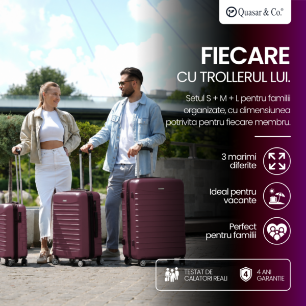 Set 3 trolere Quasar & Co.®, S/M/L, valize cu fermoar antifurt, bagaje cu cifru, maner telescopic, geamantane cu 4 roti duble silentioase 360°, ABS 2.8 mm extradur, captuseala buretata, cate 2 compartimente cu buzunar, LINE, visiniu