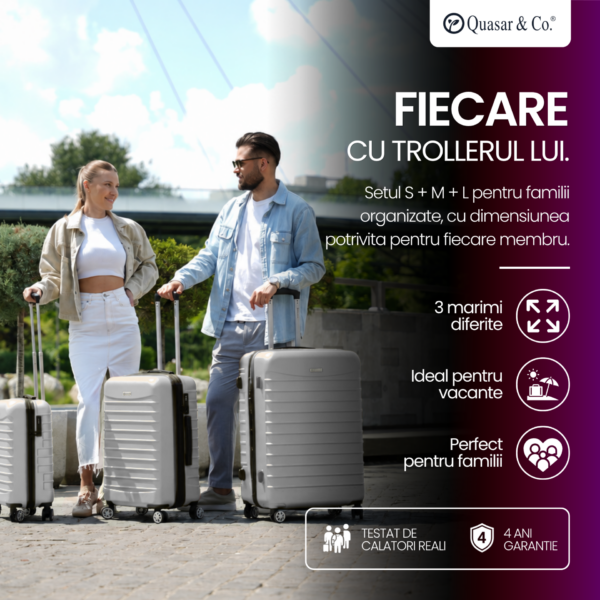 Set 3 trolere Quasar & Co.®, S/M/L, valize cu fermoar antifurt, bagaje cu cifru, maner telescopic, geamantane cu 4 roti duble silentioase 360°, ABS 2.8 mm extradur, captuseala buretata, cate 2 compartimente cu buzunar, LINE, argintiu Set 3 trolere Quasar & Co.®, S/M/L, valize cu fermoar antifurt, bagaje cu cifru, maner telescopic, geamantane cu 4 roti duble silentioase 360°, ABS 2.8 mm extradur, captuseala buretata, cate 2 compartimente cu buzunar, LINE, argintiu