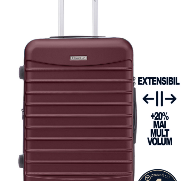 Troler mediu extensibil Quasar & Co.®, 66x45x28-33cm, bagaj de cala, troller avion cu fermoar antifurt, cifru, maner telescopic, geamantan cu 4 roti duble silentioase 360°, valiza ABS 2.8 mm, 2 compartimente cu buzunar, LINE, Visiniu