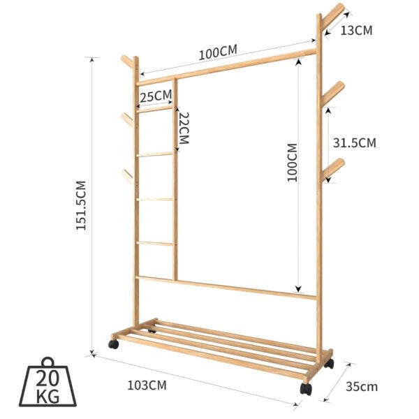 Cuier hol, Quasar & Co.®, cu roti, pretabil imbracaminte/incaltaminte, bambus, 100 x 35 x 155 cm, natur - imagine 11
