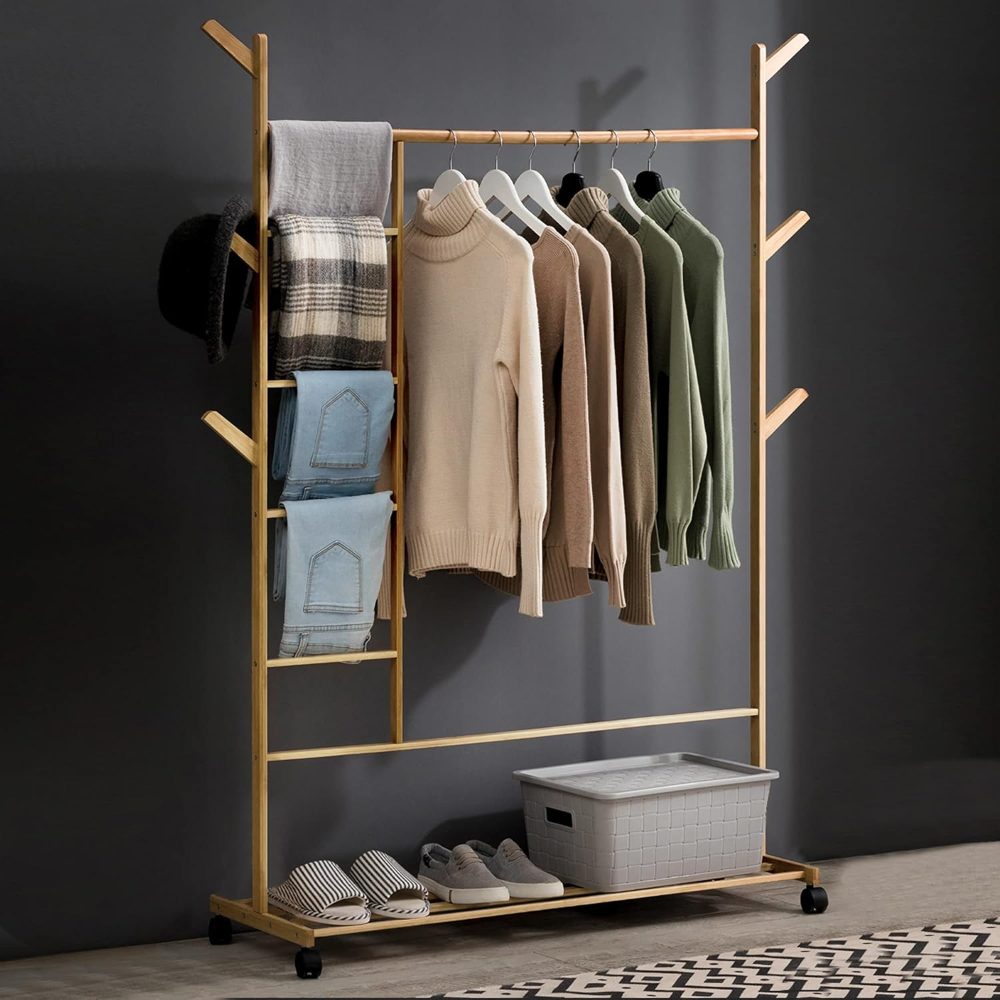 Cuier hol, Quasar & Co.®, cu roti, pretabil imbracaminte/incaltaminte, bambus, 100 x 35 x 155 cm, natur 3 Cuier hol, Quasar & Co.®, cu roti, pretabil imbracaminte/incaltaminte, bambus, 100 x 35 x 155 cm, natur 3