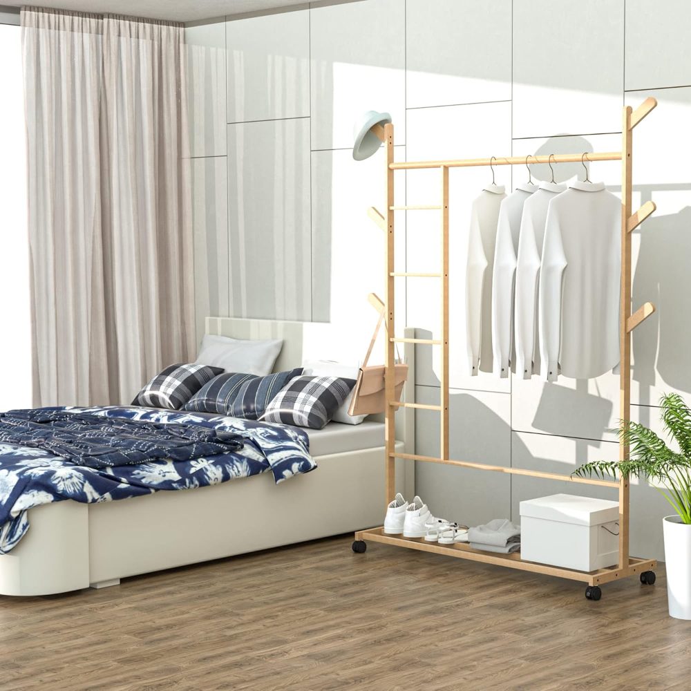 Cuier hol, Quasar & Co.®, cu roti, pretabil imbracaminte/incaltaminte, bambus, 100 x 35 x 155 cm, natur 6 Cuier hol, Quasar & Co.®, cu roti, pretabil imbracaminte/incaltaminte, bambus, 100 x 35 x 155 cm, natur 6
