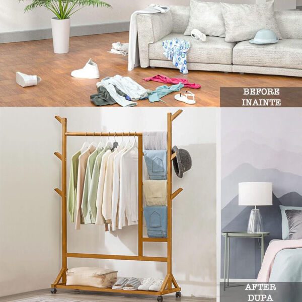 Cuier hol, Quasar & Co.®, cu roti, pretabil imbracaminte/incaltaminte, bambus, 100 x 35 x 155 cm, natur - imagine 7