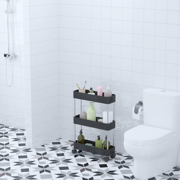 Raft depozitare pentru baie, Quasar & Co.®, cu roti, 3 polite, pentru spatii inguste, dreptunghiular, 40x12x61 cm, ABS/otel inoxidabil, negru Suporturi si accesorii de baie 2024-07-27