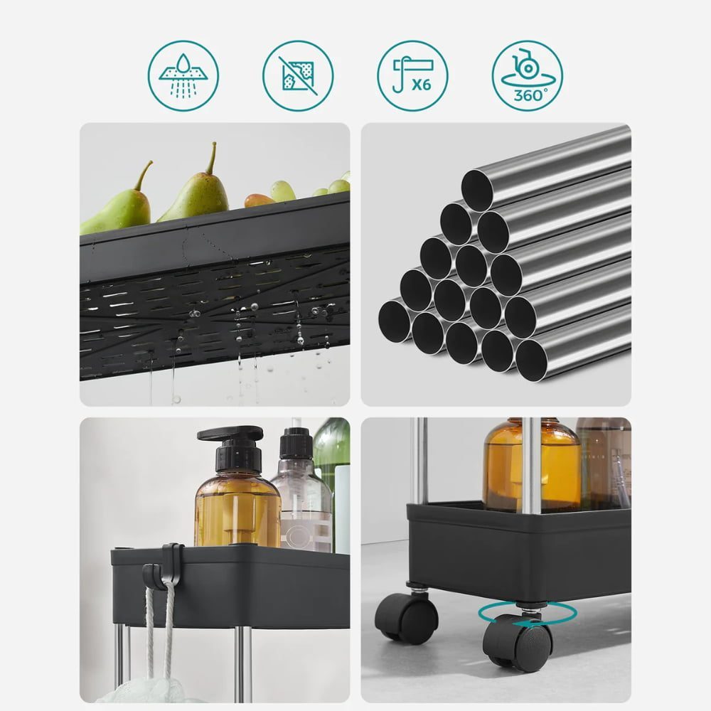 Raft depozitare pentru bucatarie, Quasar & Co.®, cu roti, 4 polite, pentru spatii inguste, dreptunghiular, 40 x 12 x 86.5 cm, ABS/otel inoxidabil, negru 9 Raft depozitare pentru bucatarie, Quasar & Co.®, cu roti, 4 polite, pentru spatii inguste, dreptunghiular, 40 x 12 x 86.5 cm, ABS/otel inoxidabil, negru 9