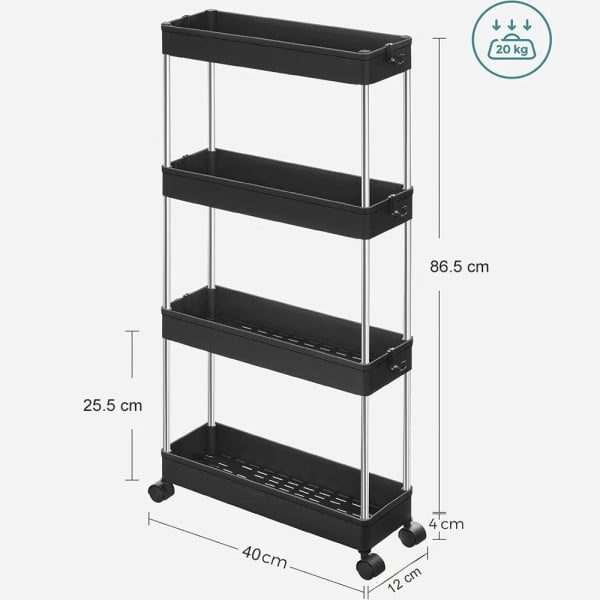 Raft depozitare pentru bucatarie, Quasar & Co.®, cu roti, 4 polite, pentru spatii inguste, dreptunghiular, 40 x 12 x 86.5 cm, ABS/otel inoxidabil, negru - imagine 10