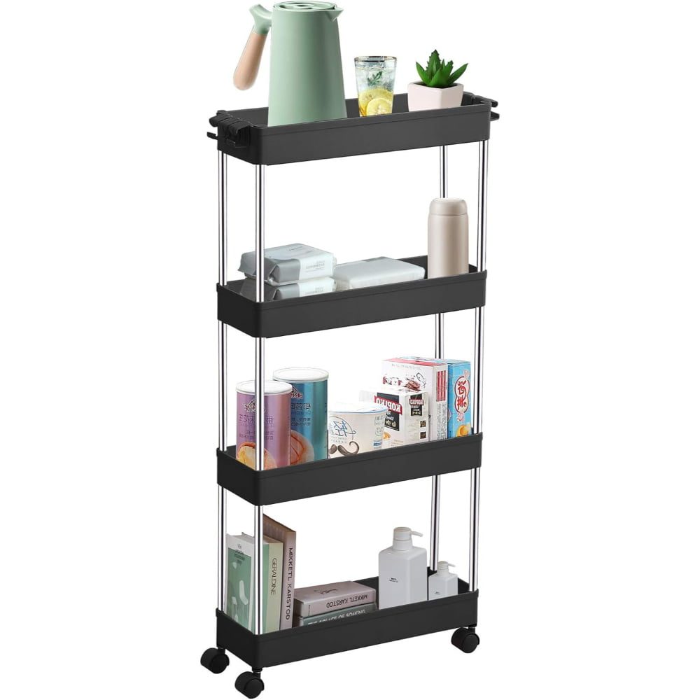 43041271-2 Raft depozitare pentru bucatarie, Quasar & Co.®, cu roti, 4 polite, pentru spatii inguste, dreptunghiular, 40 x 12 x 86.5 cm, ABS/otel inoxidabil, negru