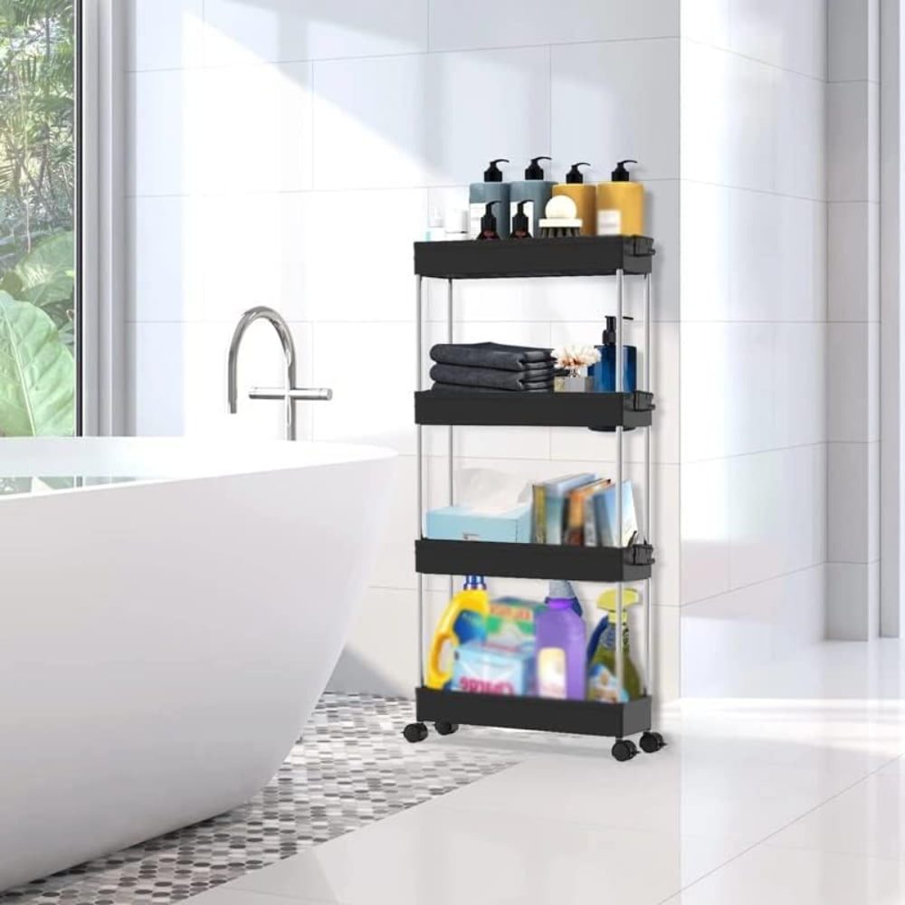 Raft universal depozitare, Quasar & Co.®, cu roti, 4 polite, pentru spatii inguste, dreptunghiular, 40 x 12 x 86.5 cm, ABS/otel inoxidabil, negru 4