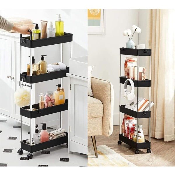 Raft depozitare pentru bucatarie, Quasar & Co.®, cu roti, 4 polite, pentru spatii inguste, dreptunghiular, 40 x 12 x 86.5 cm, ABS/otel inoxidabil, negru - imagine 5