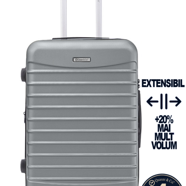 Troler mediu extensibil Quasar & Co.®, 66x45x28-33cm, bagaj de cala, troller avion cu fermoar antifurt, cifru, maner telescopic, geamantan cu 4 roti duble silentioase 360°, valiza ABS 2.8 mm, 2 compartimente cu buzunar, LINE, Argintiu