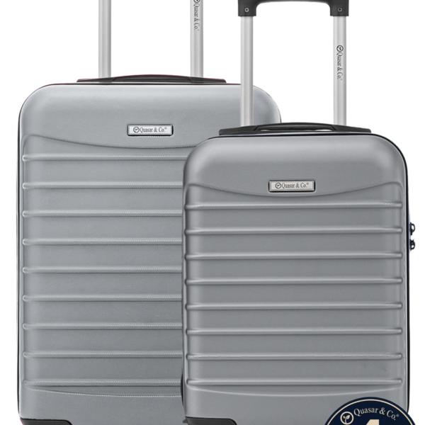 Set 2 trolere cabina, Quasar & Co.®, 40x30x20 cm cu roti detasabile si 55x38x21 cm, bagaj de mana, troller cu fermoar antifurt, cifru, maner telescopic lung, geamantan 4 roti duble 360°, valiza ABS 2.8 mm rezistent, 10kg, LINE, Argintiu
