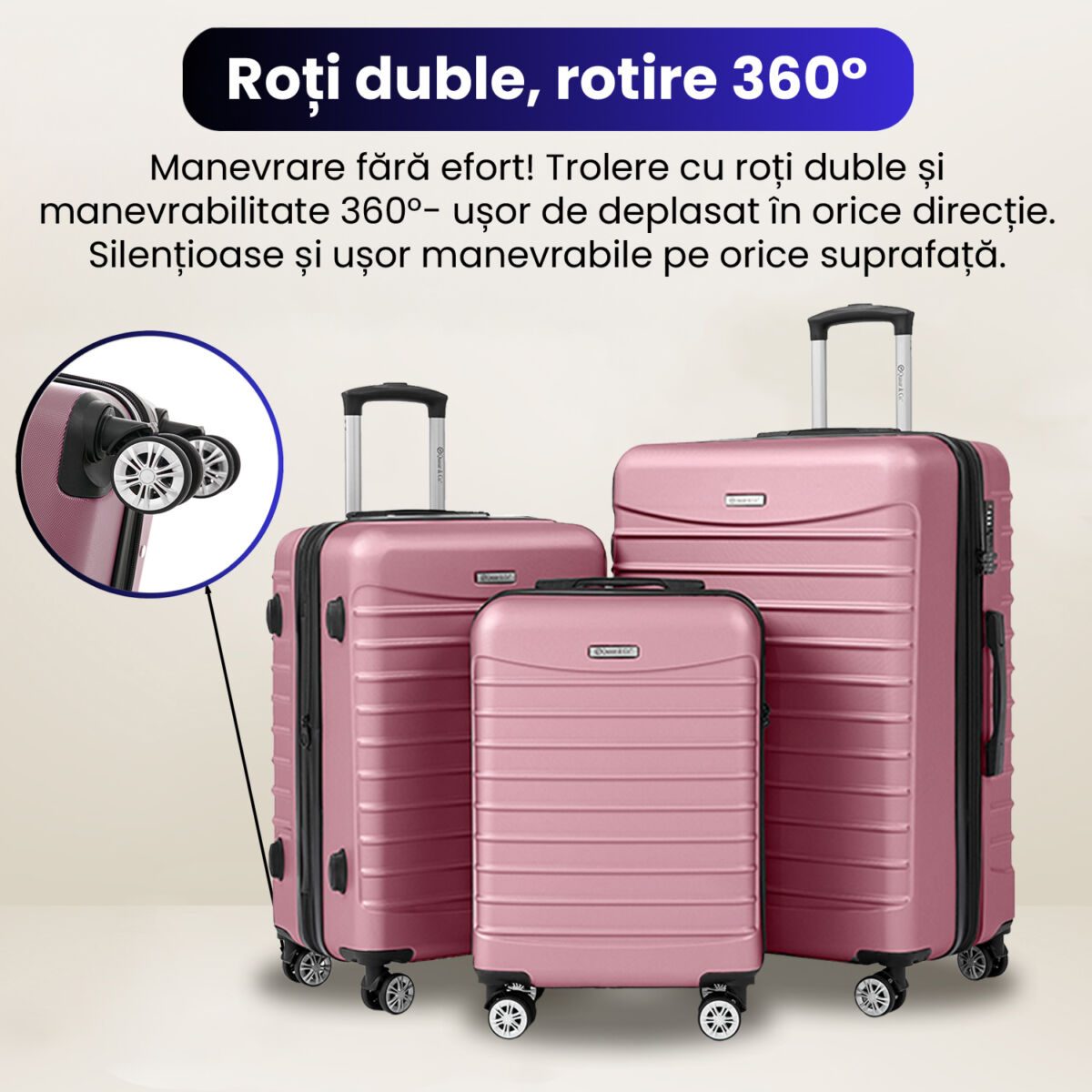 Set 3 trolere Quasar & Co.®, S/M/L, valize cu fermoar antifurt