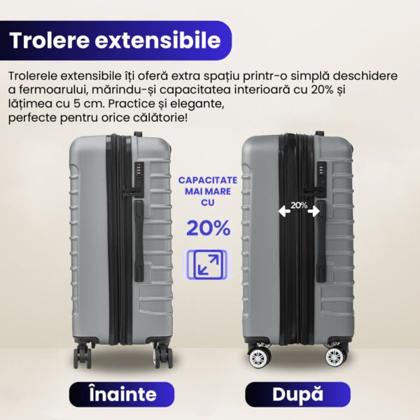 Set 3 trolere Quasar & Co.®, S/M/L, valize cu fermoar antifurt, bagaje cu cifru, maner telescopic, geamantane cu 4 roti duble silentioase 360°, ABS 2.8 mm extradur, captuseala buretata, cate 2 compartimente cu buzunar, LINE, argintiu Set 3 trolere 2026-04-18