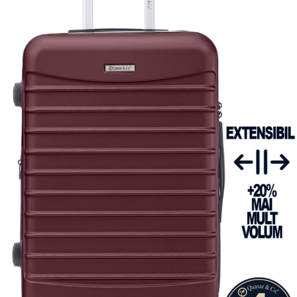 Troler mare extensibil Quasar & Co.®, 77x53x32-37cm, bagaj de cala, troller avion cu fermoar antifurt, cifru, maner telescopic, geamantan cu 4 roti duble silentioase 360°, valiza ABS 2.8 mm, 2 compartimente cu buzunar, LINE, Visiniu 2 Troler mare extensibil Quasar & Co.®, 77x53x32-37cm, bagaj de cala, troller avion cu fermoar antifurt, cifru, maner telescopic, geamantan cu 4 roti duble silentioase 360°, valiza ABS 2.8 mm, 2 compartimente cu buzunar, LINE, Visiniu