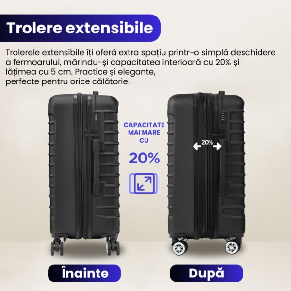 Set 3 trolere Quasar & Co.®, S/M/L, valize cu fermoar antifurt, bagaje cu cifru, maner telescopic, geamantane cu 4 roti duble silentioase 360°, ABS 2.8 mm extradur, captuseala buretata, cate 2 compartimente cu buzunar, LINE, negru Set 3 trolere 2026-04-18