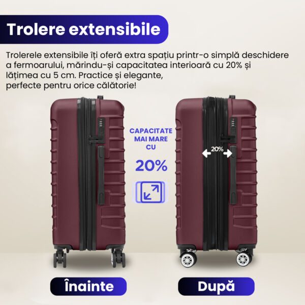 Set 3 trolere Quasar & Co.®, S/M/L, valize cu fermoar antifurt, bagaje cu cifru, maner telescopic, geamantane cu 4 roti duble silentioase 360°, ABS 2.8 mm extradur, captuseala buretata, cate 2 compartimente cu buzunar, LINE, visiniu Set 3 trolere 2026-04-18