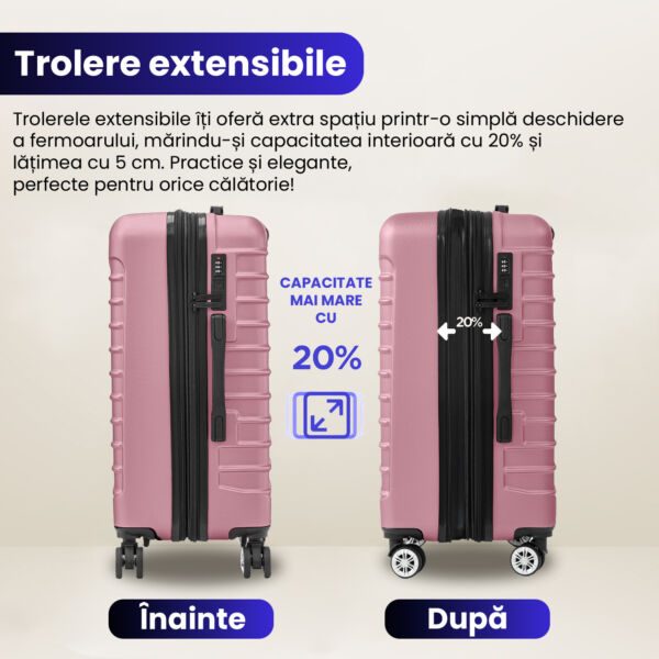 Set 3 trolere Quasar & Co.®, S/M/L, valize cu fermoar antifurt, bagaje cu cifru, maner telescopic, geamantane cu 4 roti duble silentioase 360°, ABS 2.8 mm extradur, captuseala buretata, cate 2 compartimente cu buzunar, LINE, roz pudrat Set 3 trolere 2026-04-18