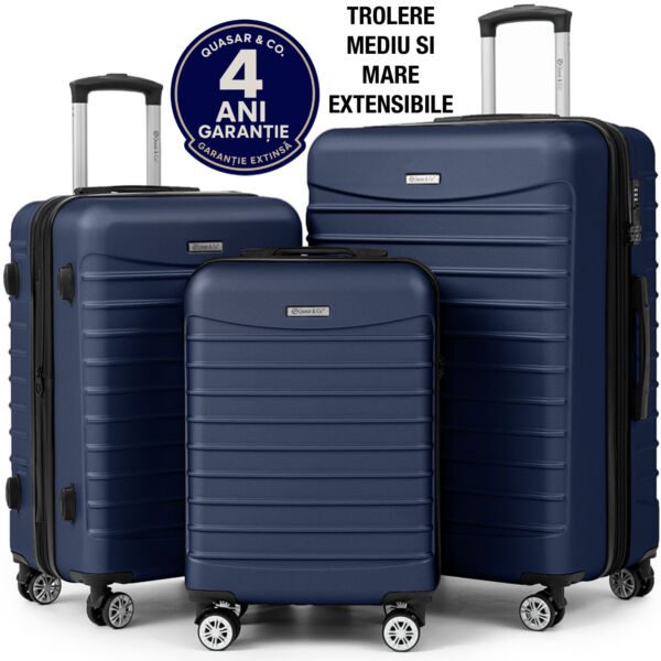 Set 3 trolere Quasar & Co.®, S/M/L, valize cu fermoar antifurt, bagaje cu cifru, maner telescopic, geamantane cu 4 roti duble silentioase 360°, ABS 2.8 mm extradur, captuseala buretata, cate 2 compartimente cu buzunar, LINE, bleumarin Set 3 trolere 2026-04-18 2