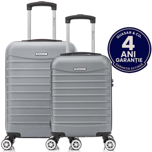 Set 2 trolere cabina, Quasar & Co.®, 40x30x20 cm cu roti detasabile si 55x36x20 cm, bagaj de mana, troller cu fermoar antifurt, cifru, maner telescopic lung, geamantan 4 roti duble 360°, valiza ABS 2.8 mm rezistent, 10kg, LINE, Argintiu Trolere cabina 2026-04-18 2