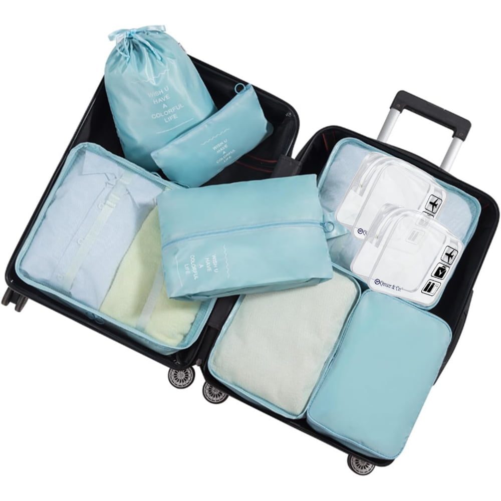 Set 8 huse organizare bagaj si 2 gentute cosmetice calatorie, Quasar & Co.®, pentru voiaj, accesorii valiza/troler, albastru azur 2 Set 8 huse organizare bagaj si 2 gentute cosmetice calatorie, Quasar & Co.®, pentru voiaj, accesorii valiza/troler, albastru azur 2