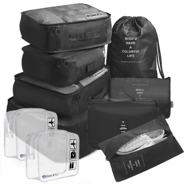 Set 8 huse organizare bagaj si 2 gentute cosmetice calatorie, Quasar & Co.®, pentru voiaj, accesorii valiza/troler, negru Accesorii articole de voiaj 2024-07-27 2