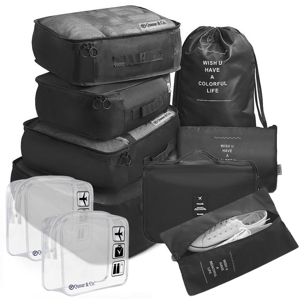 Set 8 huse organizare bagaj si 2 gentute cosmetice calatorie, Quasar & Co.®, pentru voiaj, accesorii valiza/troler, negru