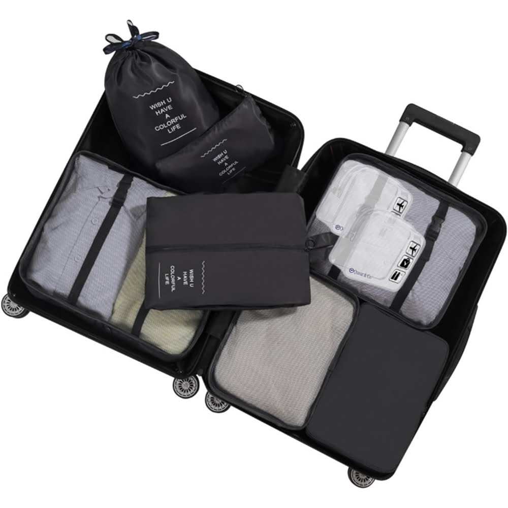 Set 8 huse organizare bagaj si 2 gentute cosmetice calatorie, Quasar & Co.®, pentru voiaj, accesorii valiza/troler, negru 2