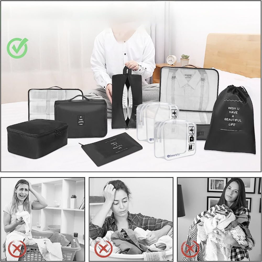 Set 8 huse organizare bagaj si 2 gentute cosmetice calatorie, Quasar & Co.®, pentru voiaj, accesorii valiza/troler, negru 3