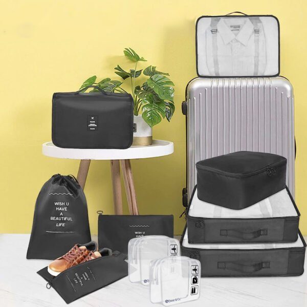 Set 8 huse organizare bagaj si 2 gentute cosmetice calatorie, Quasar & Co.®, pentru voiaj, accesorii valiza/troler, negru - imagine 4