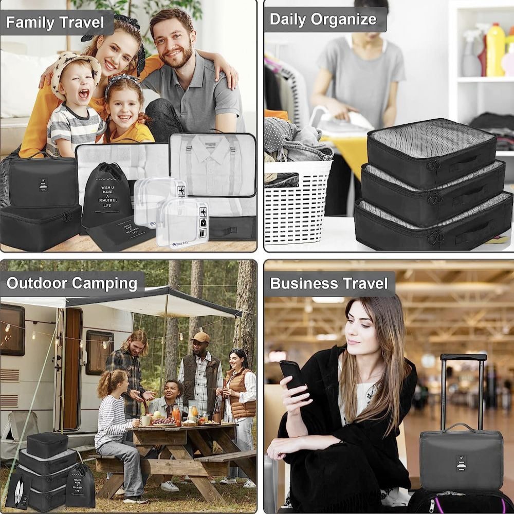 Set 8 huse organizare bagaj si 2 gentute cosmetice calatorie, Quasar & Co.®, pentru voiaj, accesorii valiza/troler, negru 5