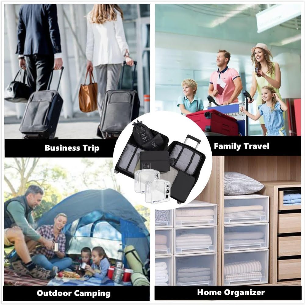 Set 8 huse organizare bagaj si 2 gentute cosmetice calatorie, Quasar & Co.®, pentru voiaj, accesorii valiza/troler, negru 7