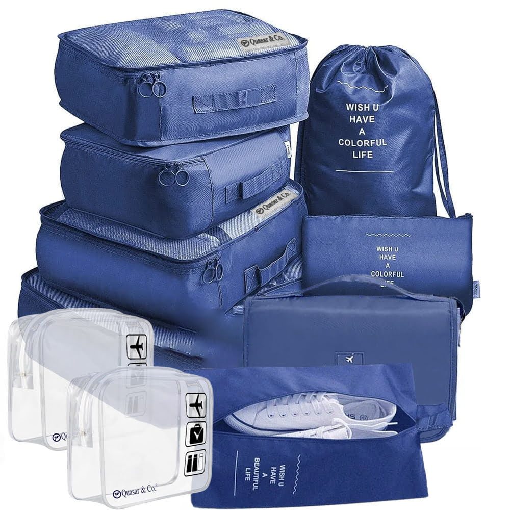 Set 8 huse organizare bagaj si 2 gentute cosmetice calatorie, Quasar & Co.®, pentru voiaj, accesorii valiza/troler, bleumarin