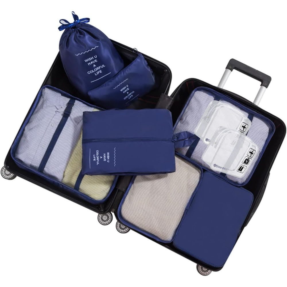 Set 8 huse organizare bagaj si 2 gentute cosmetice calatorie, Quasar & Co.®, pentru voiaj, accesorii valiza/troler, bleumarin 2