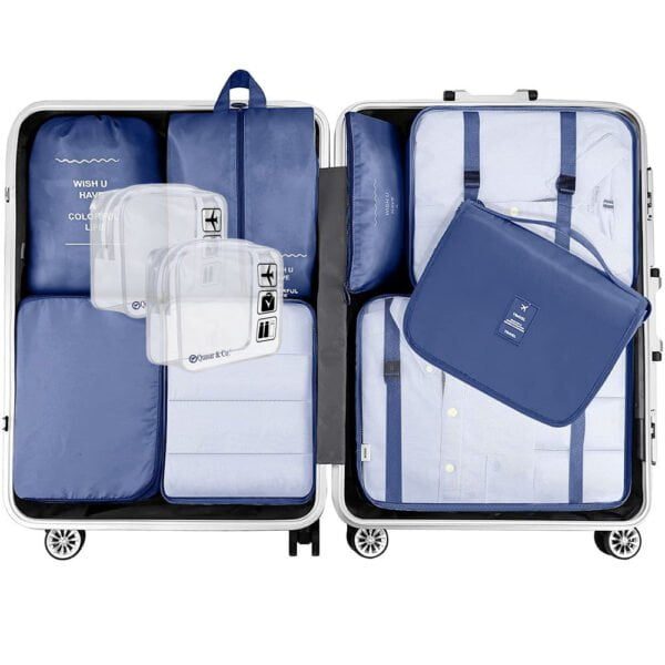 Set 8 huse organizare bagaj si 2 gentute cosmetice calatorie, Quasar & Co.®, pentru voiaj, accesorii valiza/troler, bleumarin - imagine 3